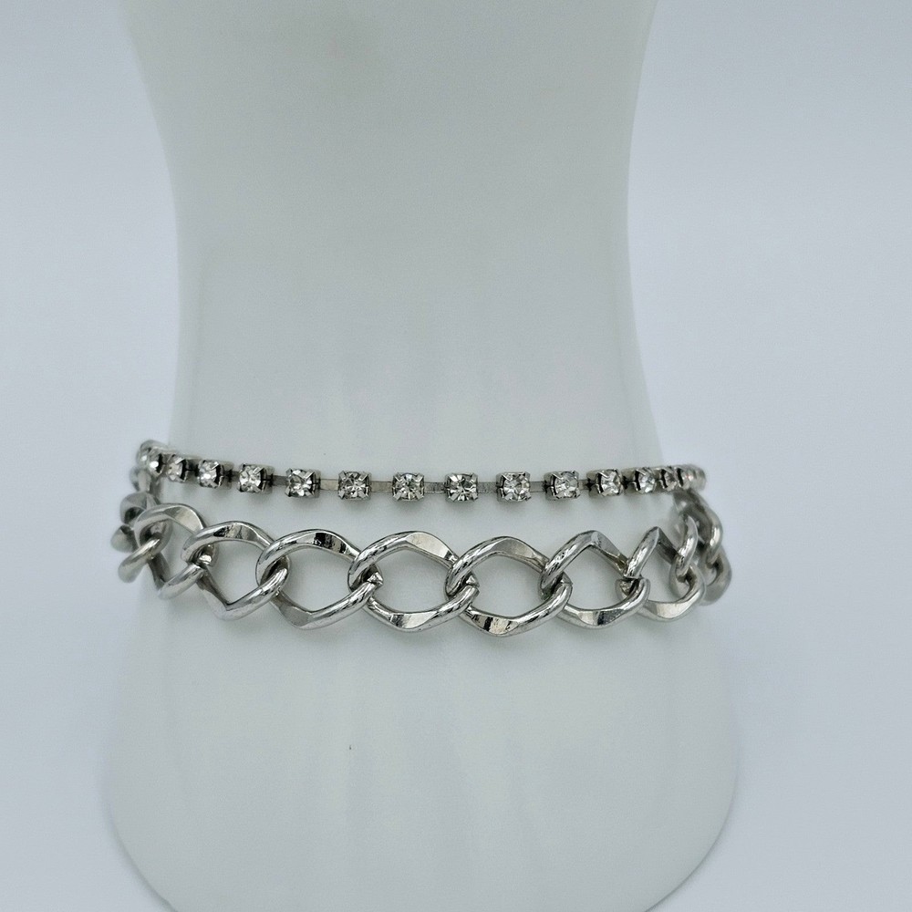 Rhinestone Bracelet Tennis Chain Link Double Strand Statement Jewelry Silvertone